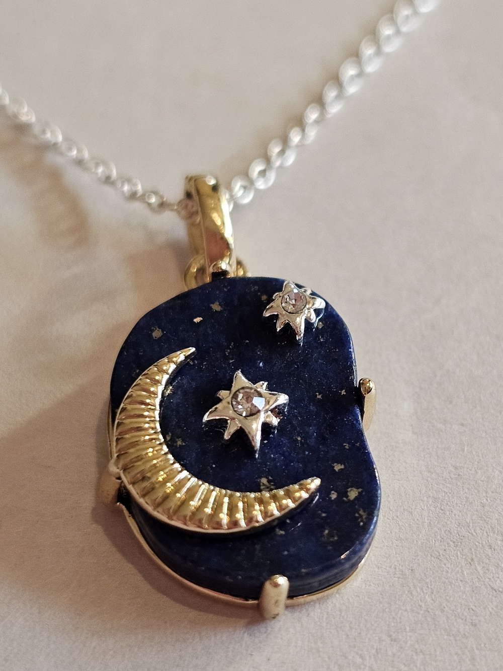 LA CN Lapis Lazuli Celestial Crescent Moon & Star Pendant Necklace - NOVI Chain